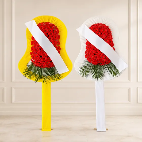 Sarı Beyaz Zeminli Kırmızı Gerbera Çelengi