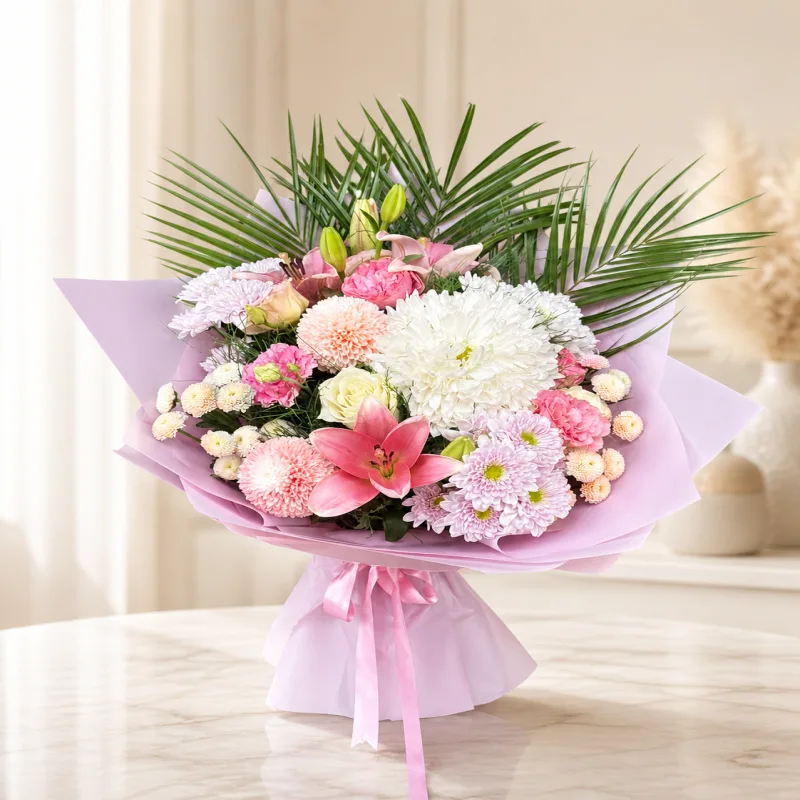 Pembe Lilyum ve Gül Karışık Buket