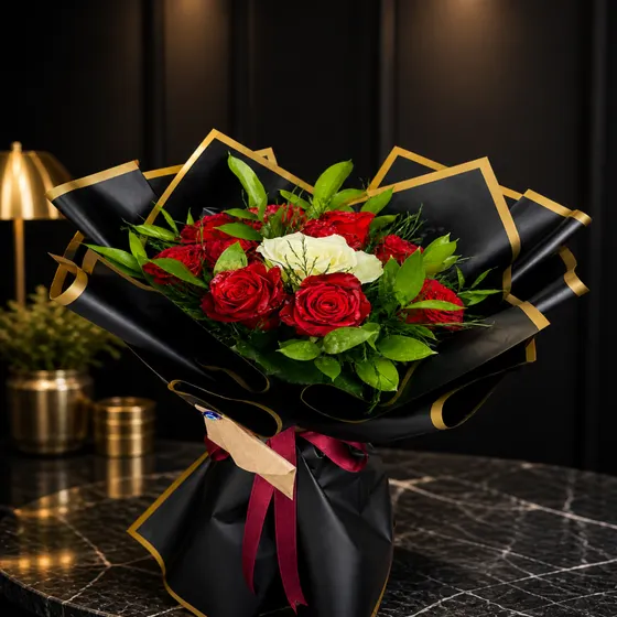 Royal Black & Gold Kırmızı Gül Buketi